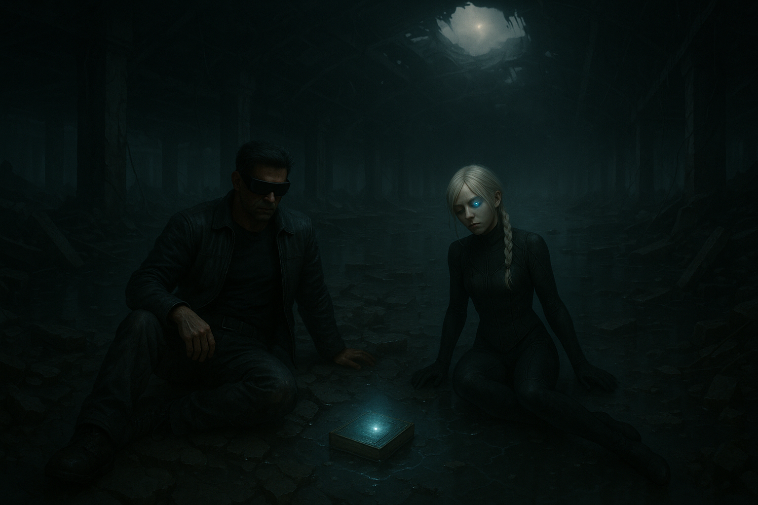Kael and Iris in the collapsed terminal under flickering sky